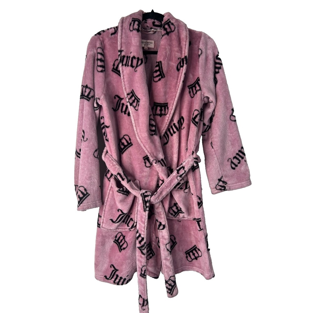 Juicy Couture‎ Robe Women's Size S/M Pink Black Crown Logo Plush Tie Waist Y2K